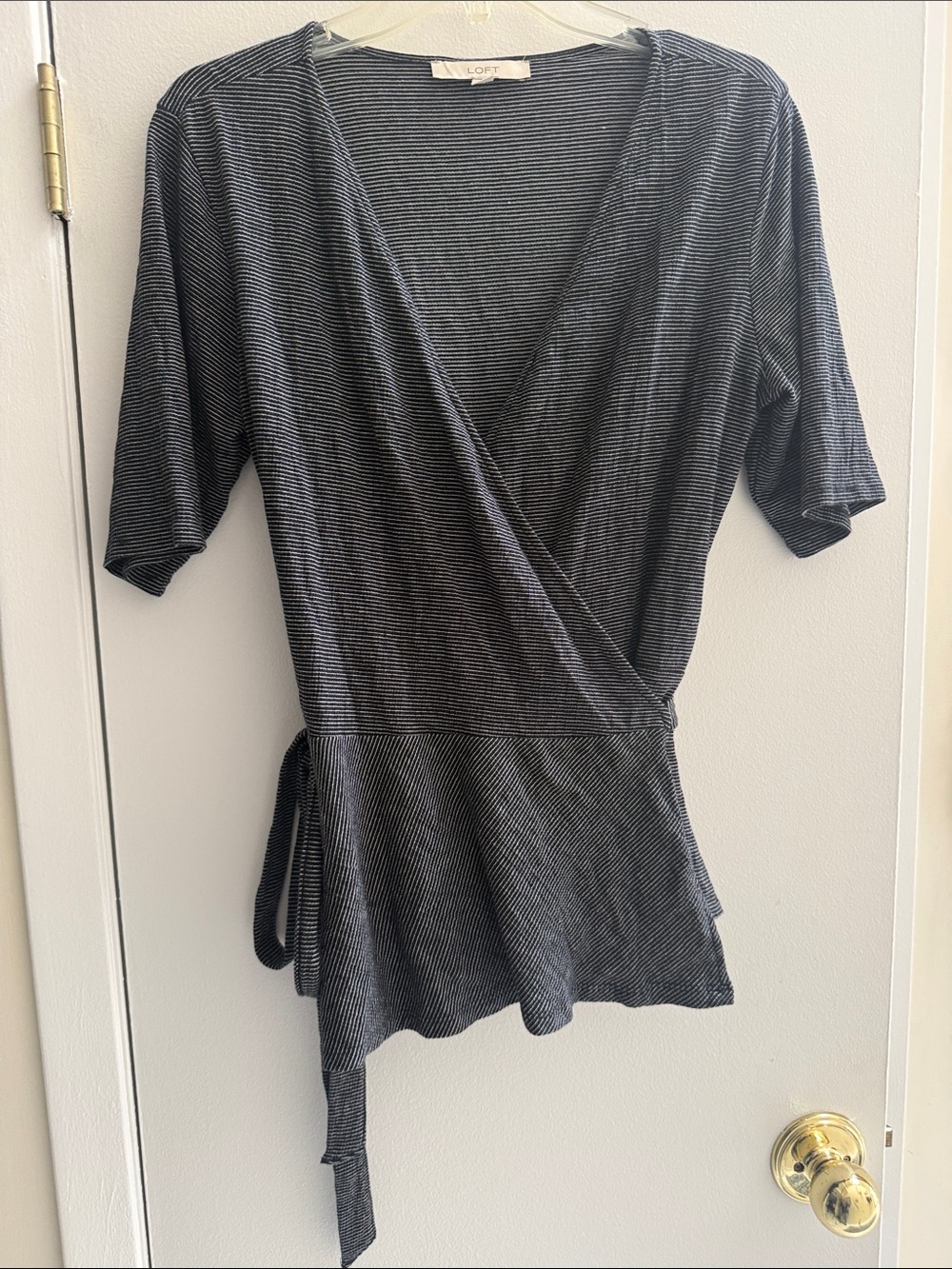 LOFT Black and White Striped Wrap Peplum Tunic
